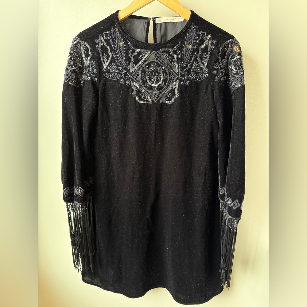 ZARA Velvet Fringe Flapper‎ Mini Dress Beaded Sequin Whimsigoth Fairy Grunge M